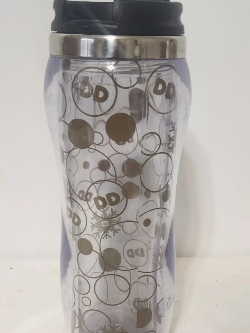 Dunkin Donuts Travel Cup Malibu Bubbles Snowflake GOLD Screw-on Lid 14 oz